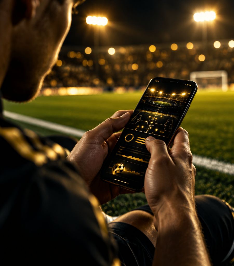 Jogador usando o app no celular à beira do campo