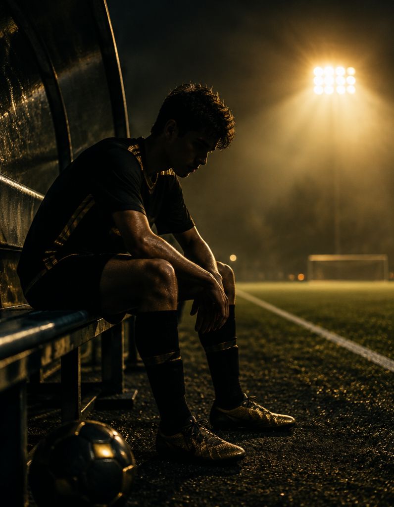 Jovem jogador sentado no banco sob os refletores