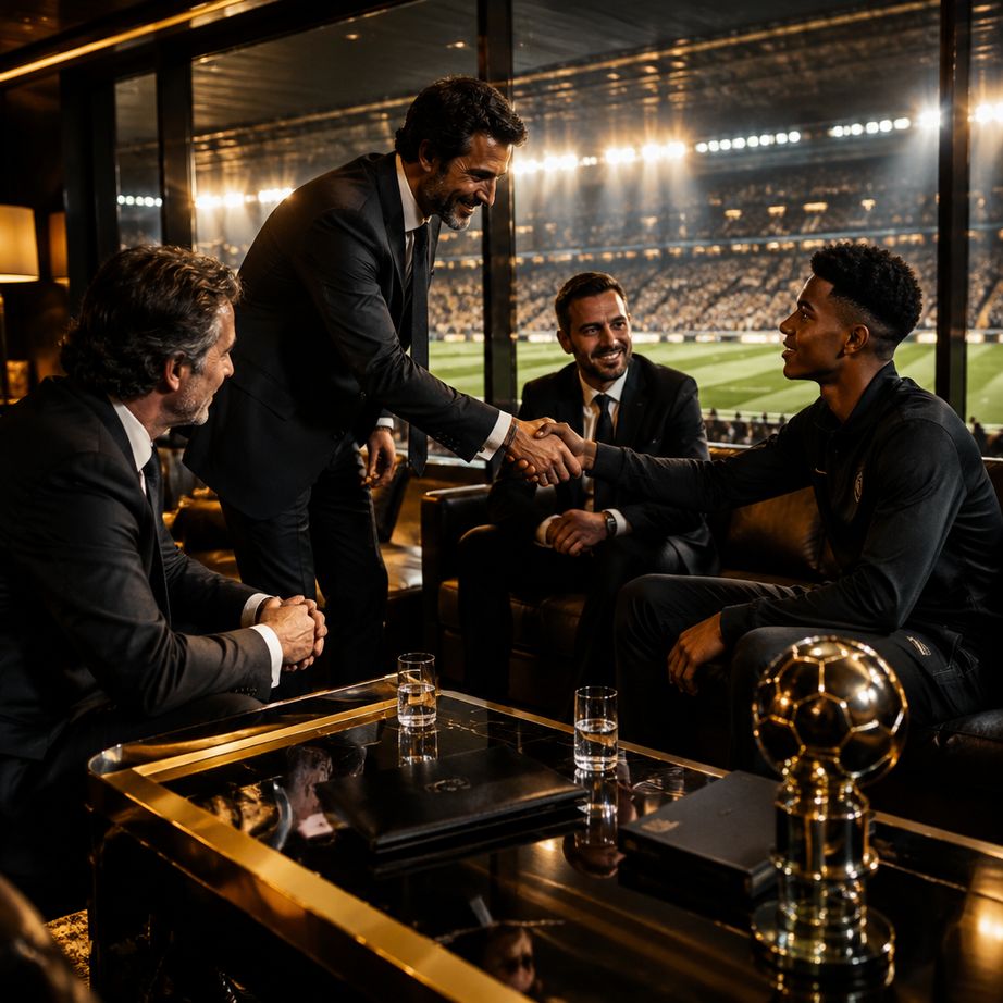 Jovem jogador apertando a mão de dirigentes num camarote de estádio