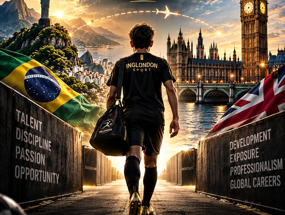 Jogador com a camisa INGLONDON caminhando do Rio de Janeiro em direção a Londres