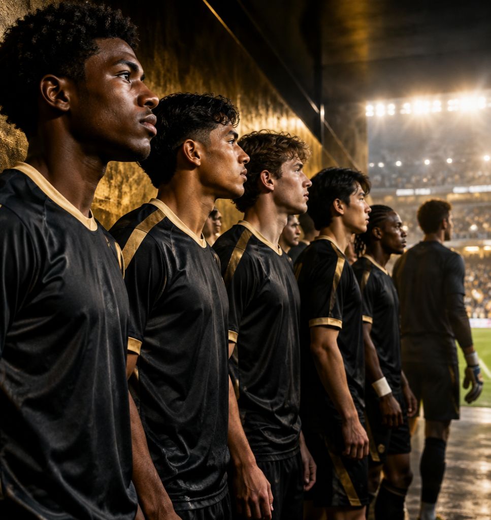 Jovens jogadores de uniforme preto e dourado enfileirados no túnel do estádio
