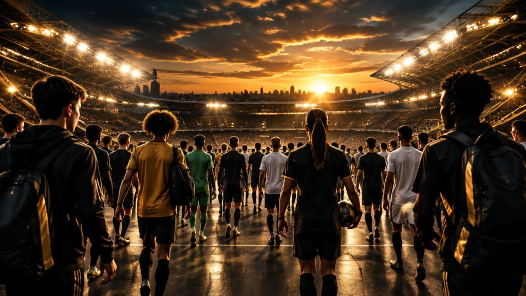 Jovens jogadores caminhando pelo túnel em direção ao gramado ao pôr do sol