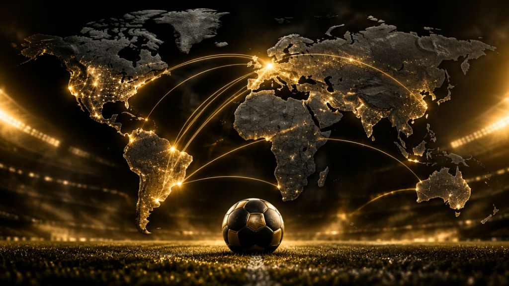 Mapa-múndi dourado com conexões partindo de uma bola no gramado